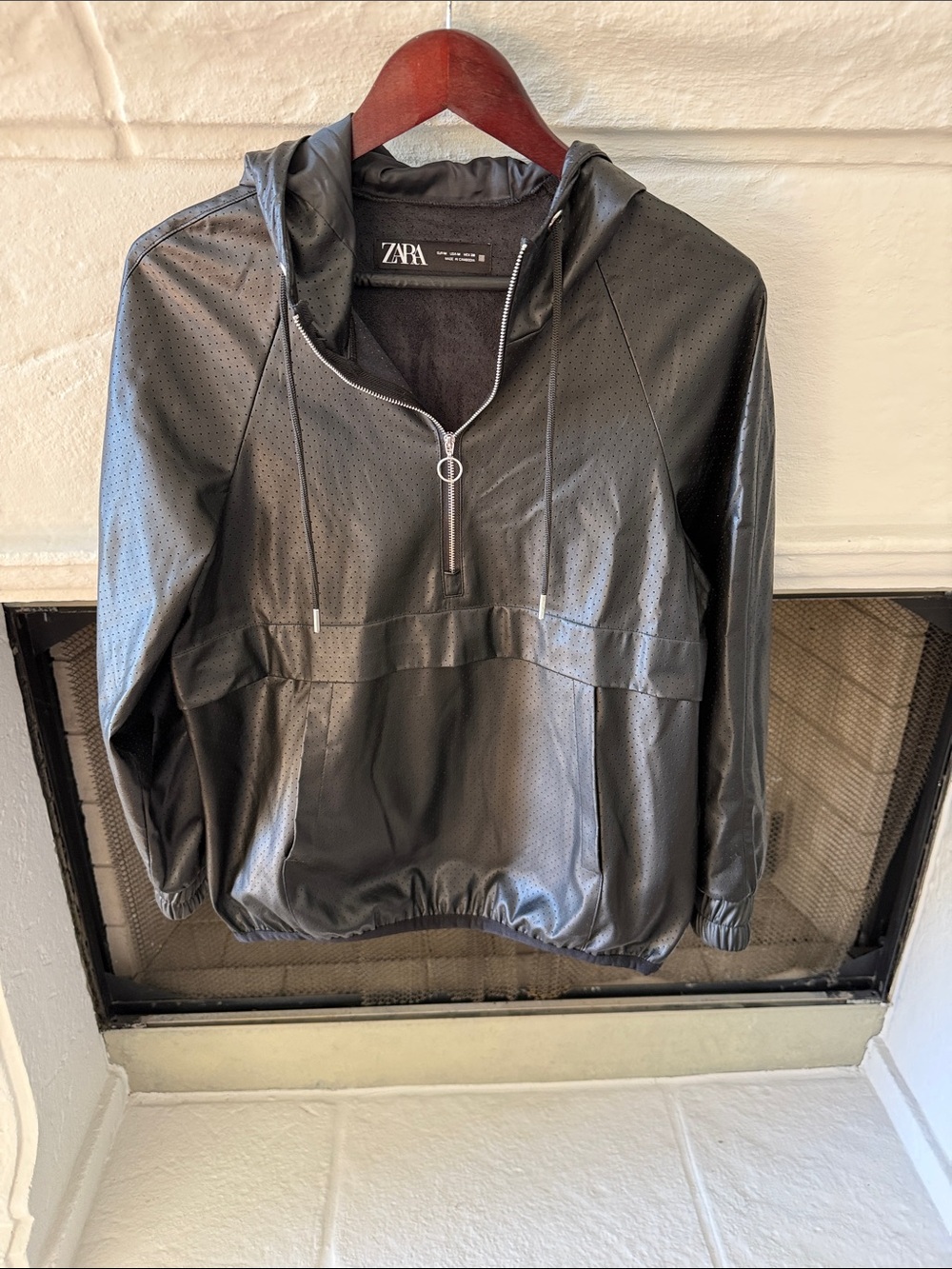 Zara Black Faux-Leather Hooded Half-Zip Pullover
